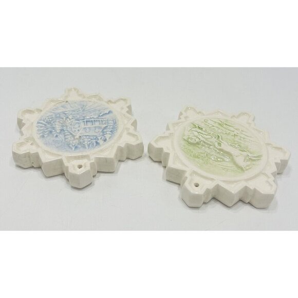 Set of 2 Vintage Snowflake Ornaments Ceramic Winter Scenes 3D Duncan 3.5” White - Picture 6 of 10